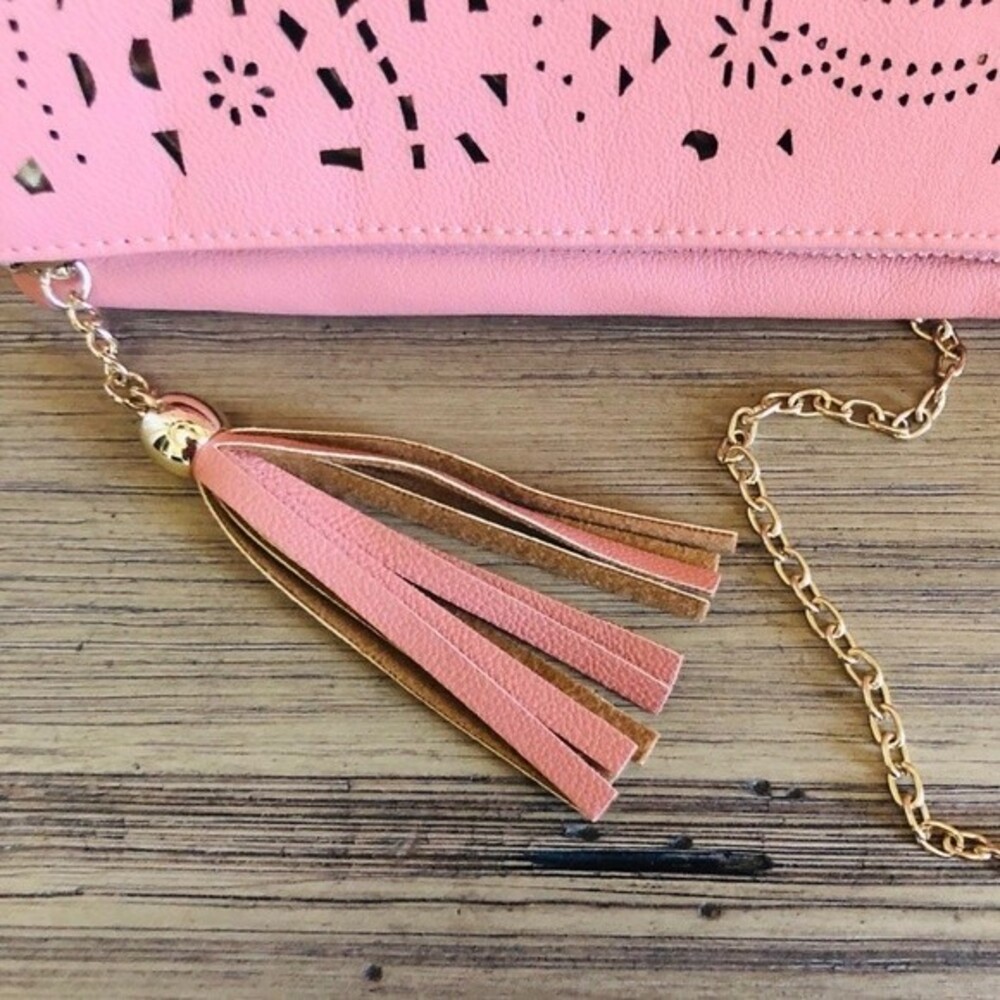 Salmon Fold Over Clutch/Crossbody Bag with Gold Laser Cutouts - Picture 7 of 9